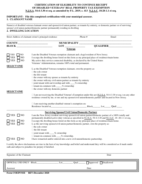 First page of the Certification of Eligibility to Continue Receipt of Disabled Veterans’ Real Property Tax Exemption