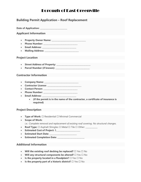 First page of the Building Permit Application – Roof Replacement
