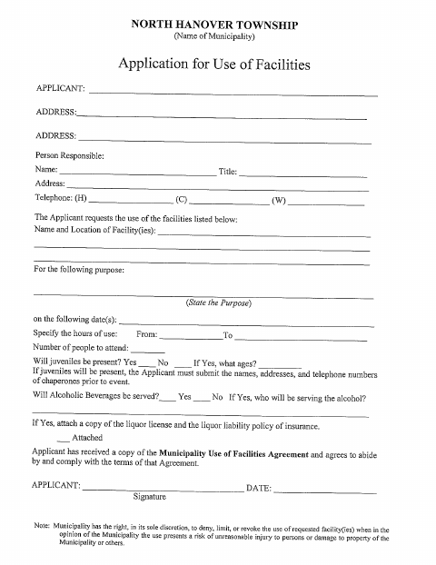 First page of the Application for Use of Facilities