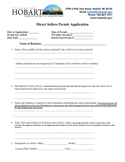 First page of the Direct Sellers Permit Application