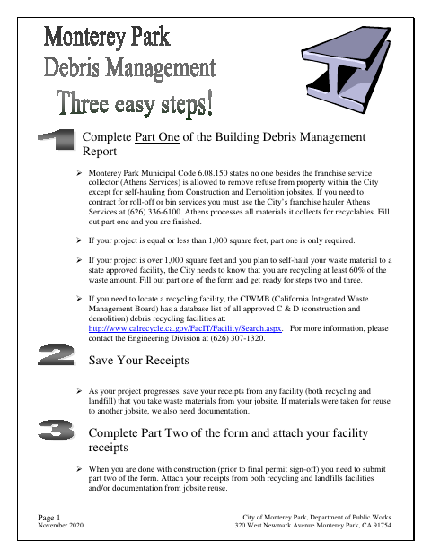 First page of the Construction Debris Management Report