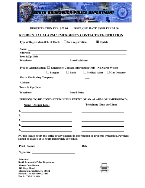 First page of the Residential Alarm / Emergency Contact Registration