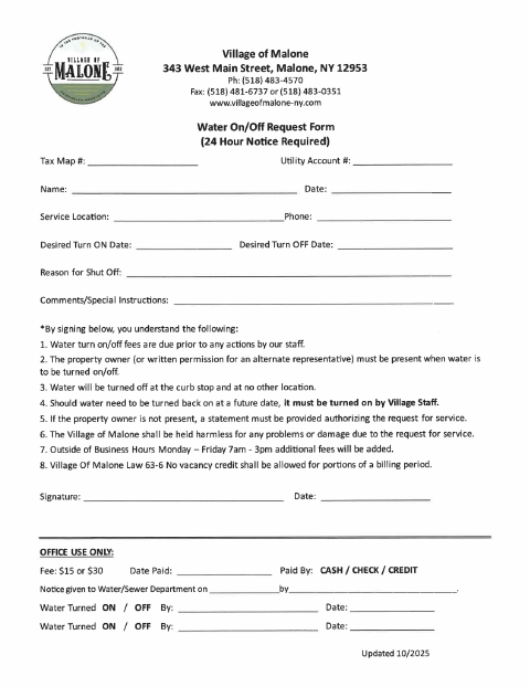 First page of the Water Turn On/Off Request Form