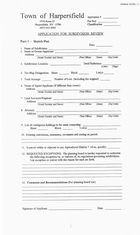 First page of the Application for Subdivision Review