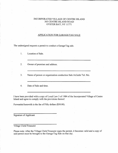 First page of the Application for Garage/Tag Sale