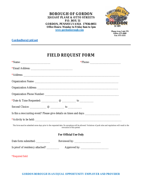 First page of the Field Request Form