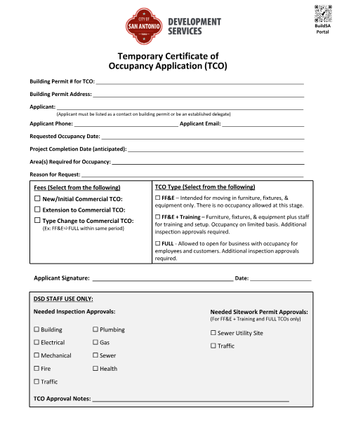 First page of the Temporary Certificate of Occupancy Application