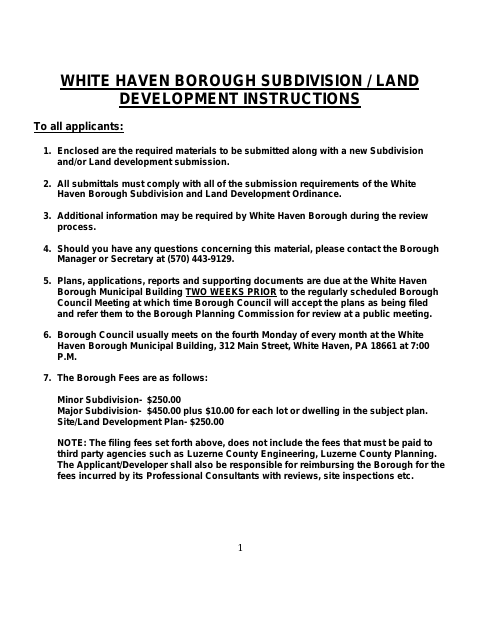 First page of the Subdivision Land Development Application