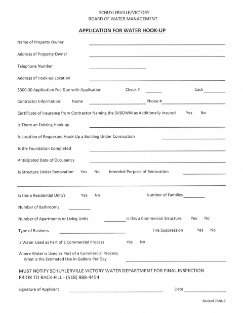 First page of the Water Hook-Up Application