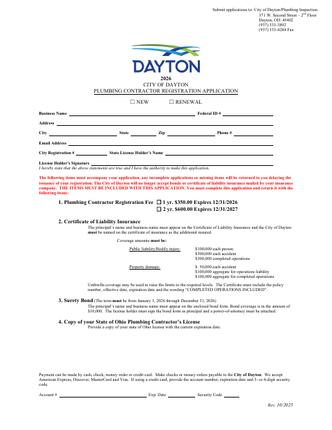 First page of the Plumbing Contractor Registration Application