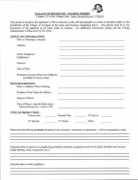 First page of the Filming Permit Application