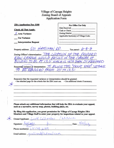 First page of the Zoning Board of Appeals Application