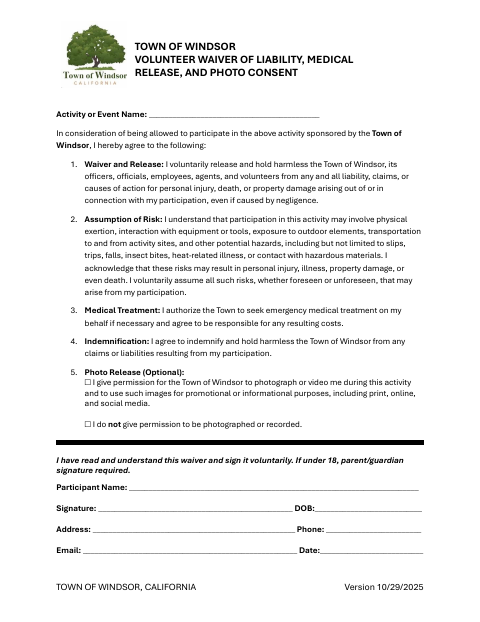 First page of the Volunteer Waiver of Liability, Medical Release, and Photo Consent