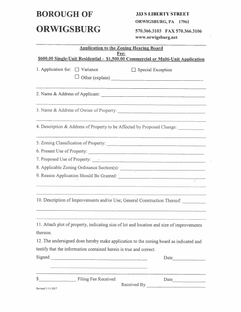 First page of the Zoning Hearing Board Application