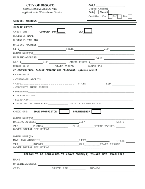 First page of the Commercial Application for Water-Sewer Service