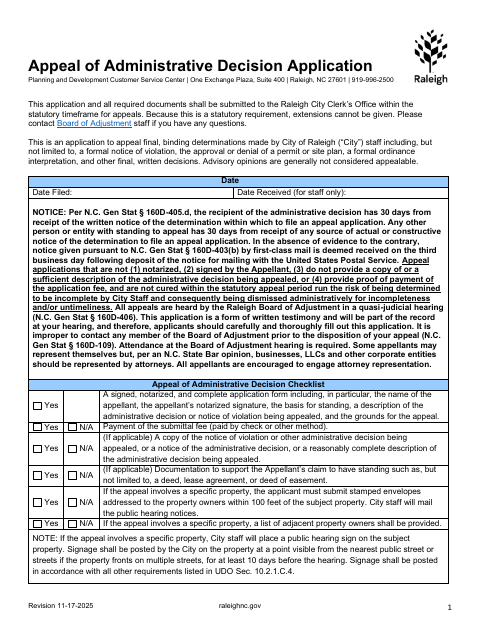 First page of the Appeal of Administrative Decision Application
