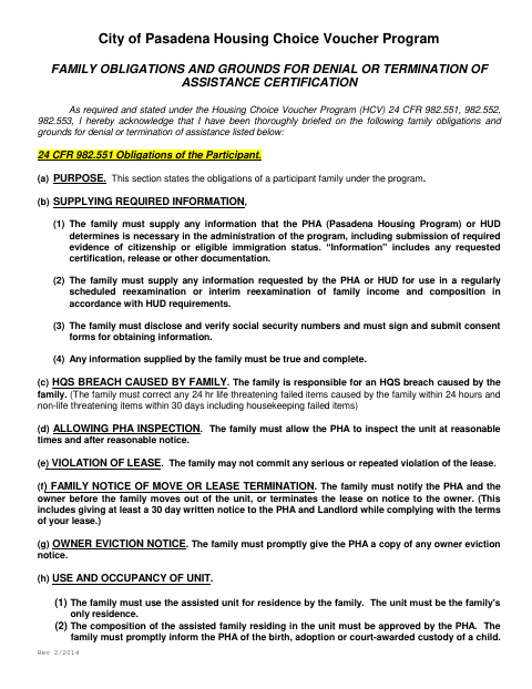 First page of the Family Obligations and Grounds for Denial or Termination of Assistance Certification