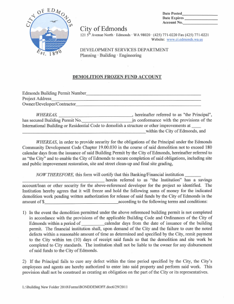 First page of the Demolition Frozen Fund Account