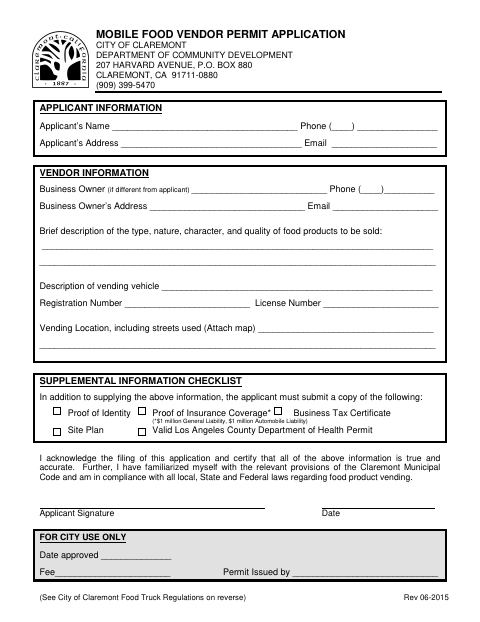 First page of the Mobile Food Vendor Permit Application