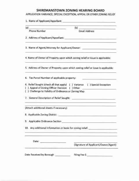 First page of the Variance, Special Exception, Appeal Application