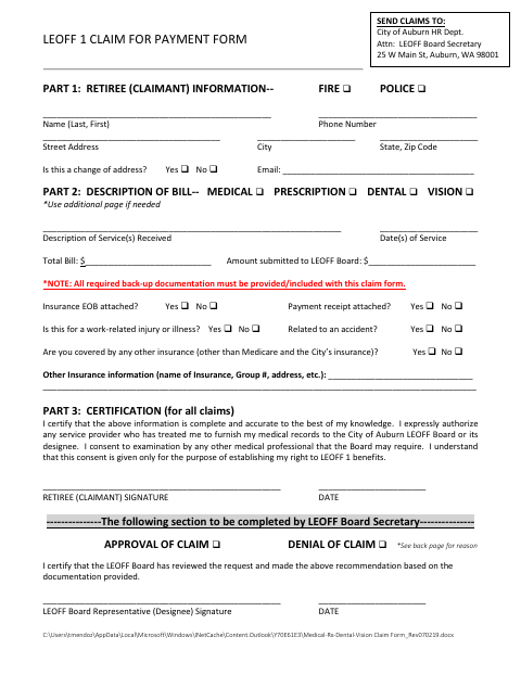 First page of the LEOFF 1 Claim for Payment Form