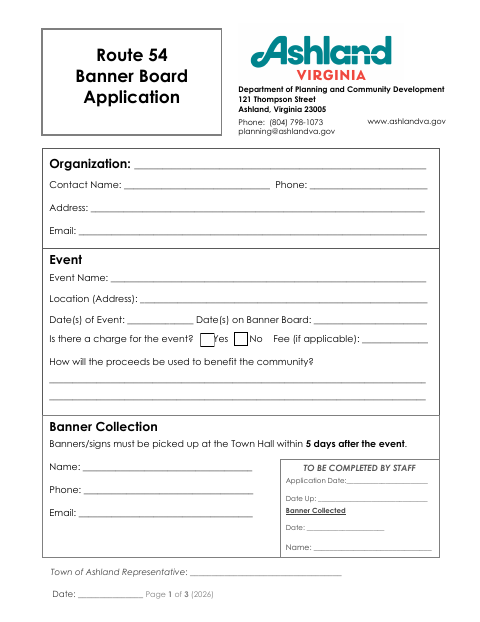 First page of the Route 54 Banner Board Application