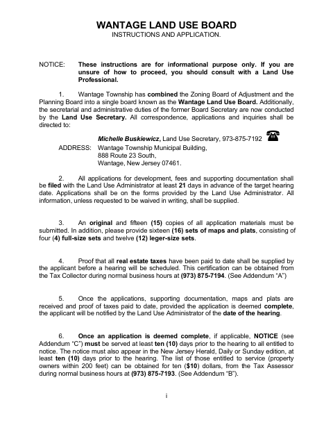 First page of the Land Use Board Instructions and Application