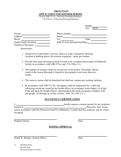 First page of the Application For Roomer Permit