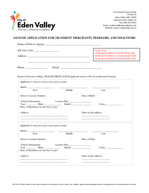 First page of the Peddler and Solicitor License Application