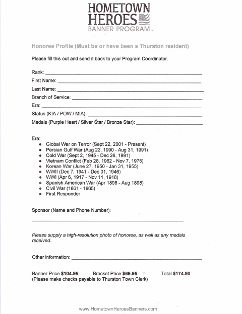 First page of the Hometown Hero Banner Application