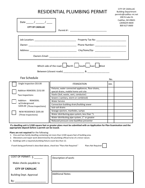 First page of the Residential Plumbing Permit