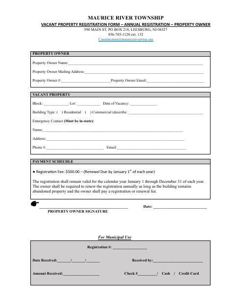 First page of the Vacant Property Registration Form