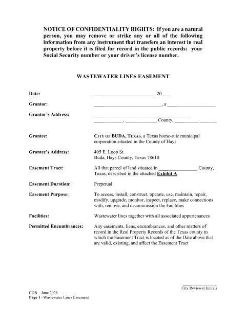 First page of the Wastewater Line Easement