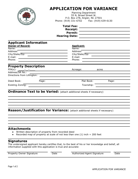 First page of the Application for Variance