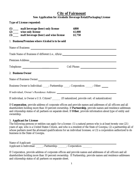 First page of the New Alcoholic Beverage Retail/Packaging License Application