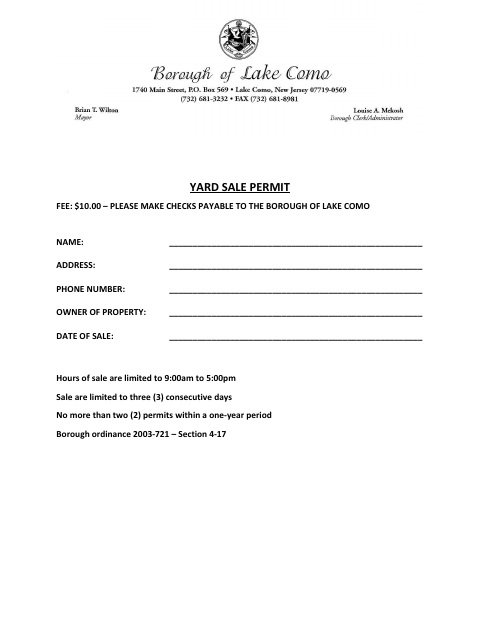 First page of the Yard Sale Permit