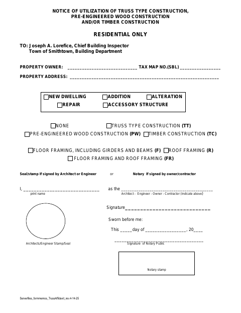 First page of the Notice of Utilization of Truss Type Construction Affidavit