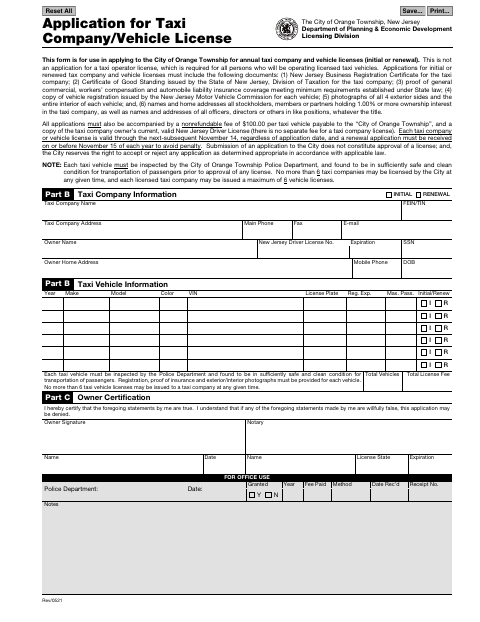 First page of the Taxi Company and Vehicle License Application