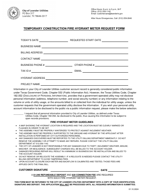 First page of the Temporary Construction Fire Hydrant Meter Request Form
