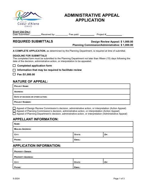 First page of the Administrative Appeal Application