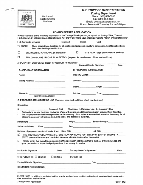 First page of the Zoning Permit Application and Fee Schedule