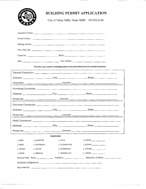 First page of the Building Permit Application & Fees