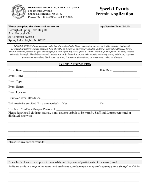 First page of the Special Event Permit Application