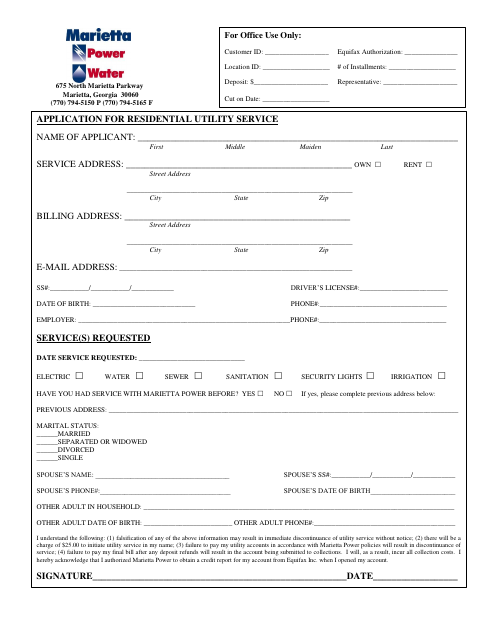 First page of the Application for Residential Utility Service