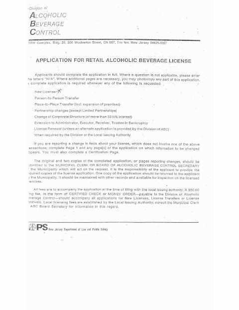 First page of the Retail Alcoholic Beverage License Application