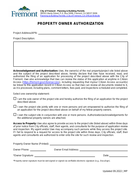 First page of the Property Owner Authorization