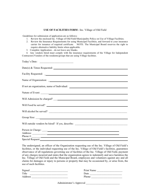 First page of the Use of Facilities Form