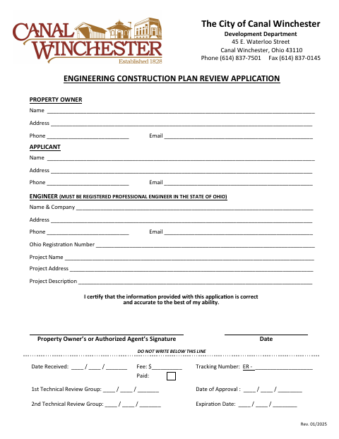 First page of the Engineering Construction Plan Review Application