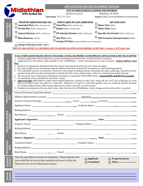 First page of the Application for Development Review