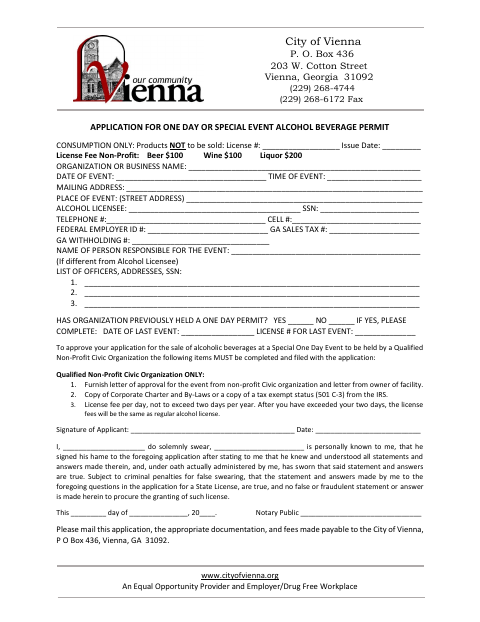 First page of the One-Day or Special Event Alcohol Beverage Permit Application